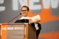 Commencement speaker Robert Hammond shows graduates the stack of rejection...